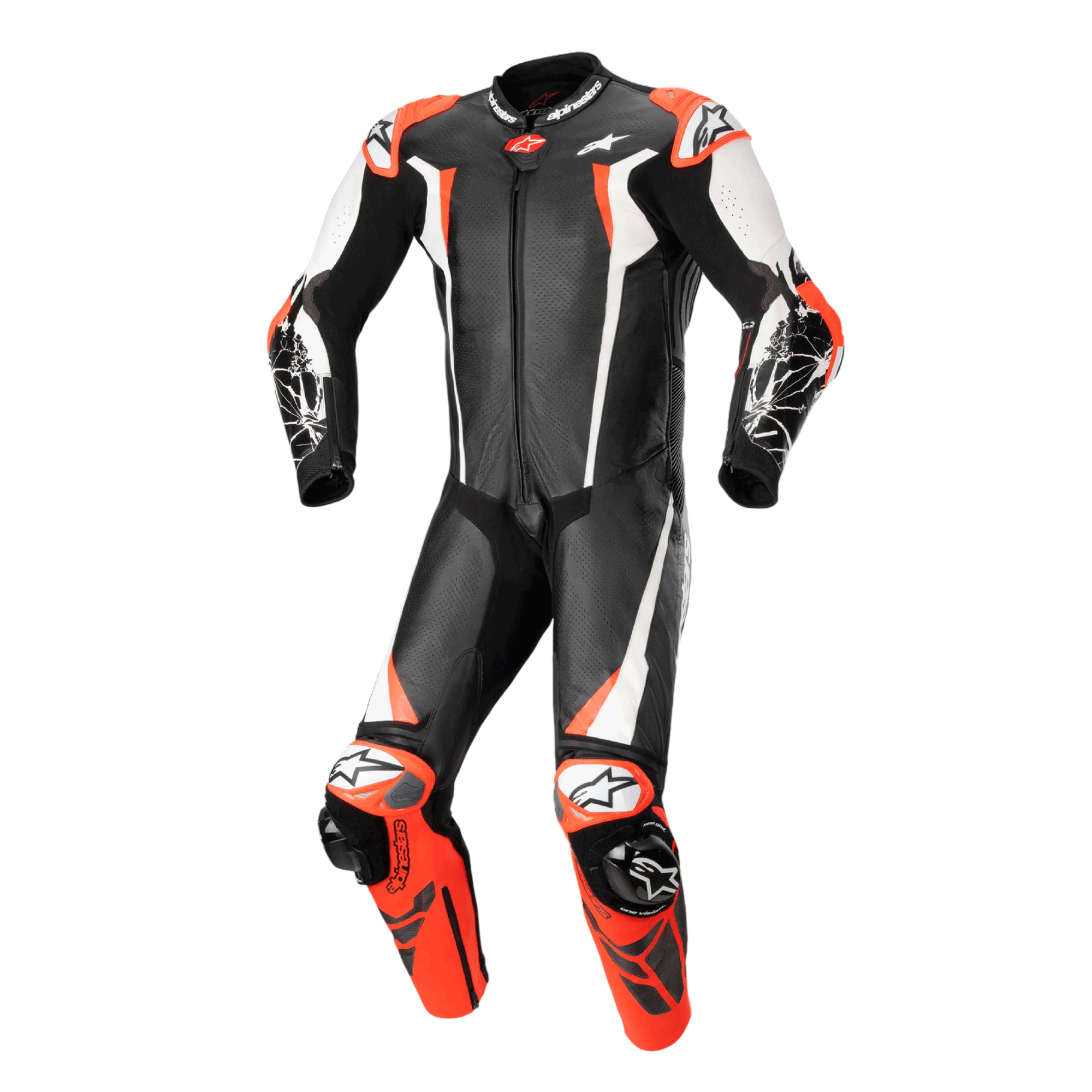 Alpinestars Racing Absolute V2 Professional Motorcycle Leather Suit - Black, White & Fluo Red