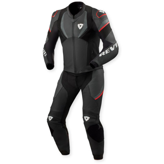 REV'IT! Beta 2 Perforated Two-Piece Motorcycle Leather Suit - Dark Stealth & Neon Red Edition