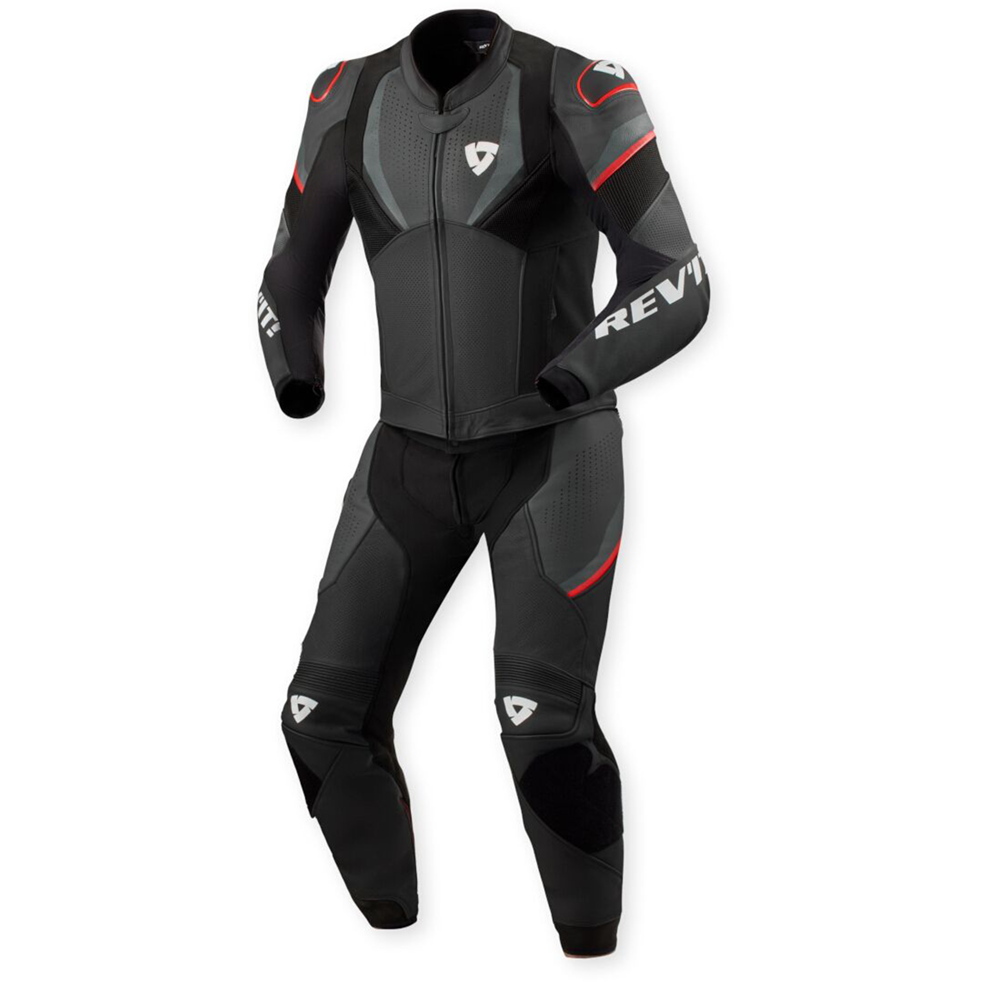 REV'IT! Beta 2 Perforated Two-Piece Motorcycle Leather Suit - Dark Stealth & Neon Red Edition