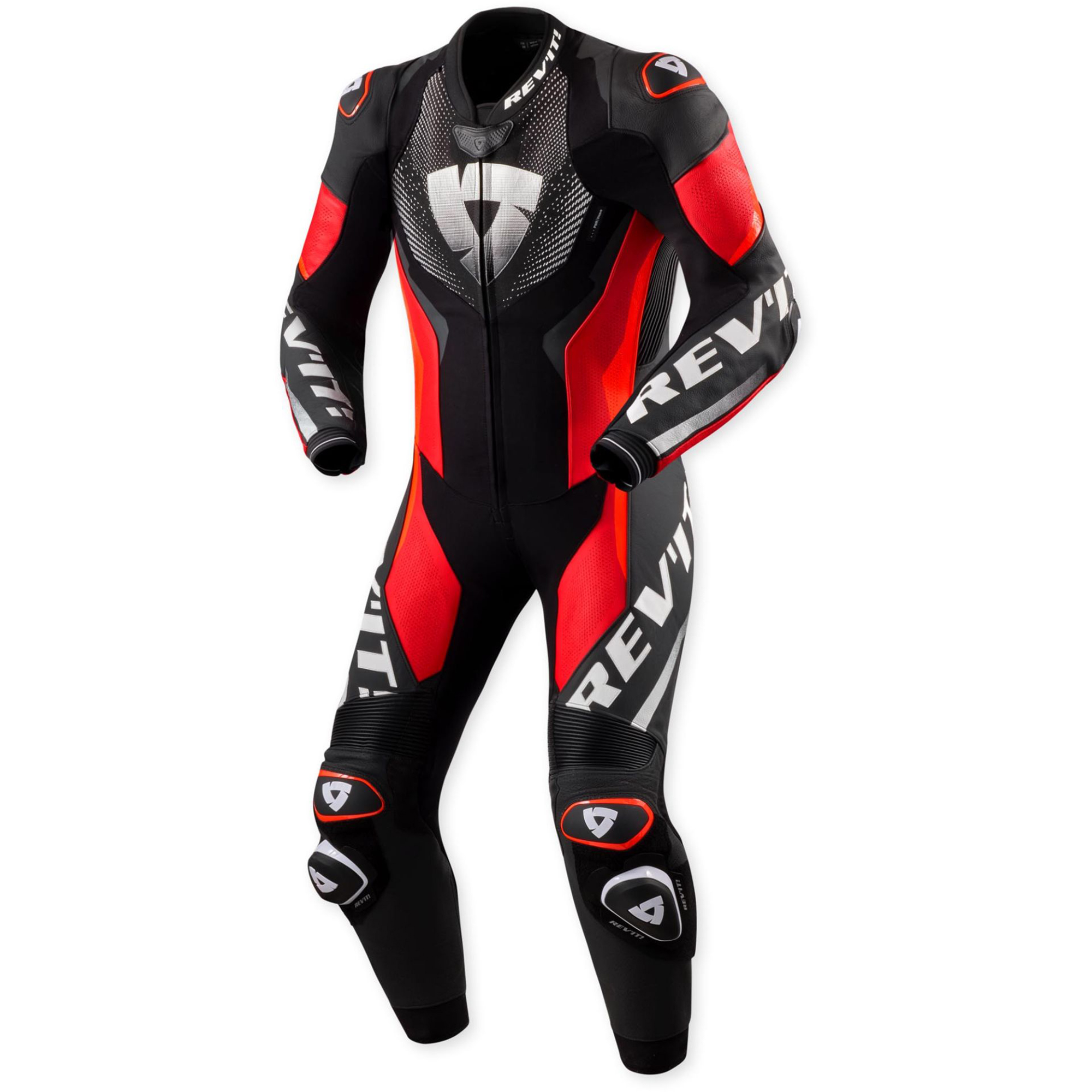 REV'IT! Hyperspeed 3 Perforated One-Piece Motorcycle Leather Suit - Black & Neon Red Edition