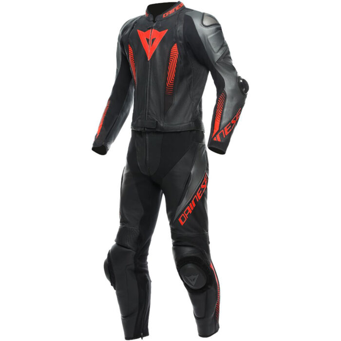 Dainese Laguna Seca 5 S26 2-Piece Motorcycle Leather Suit - Matt Black & Fluorescent Red