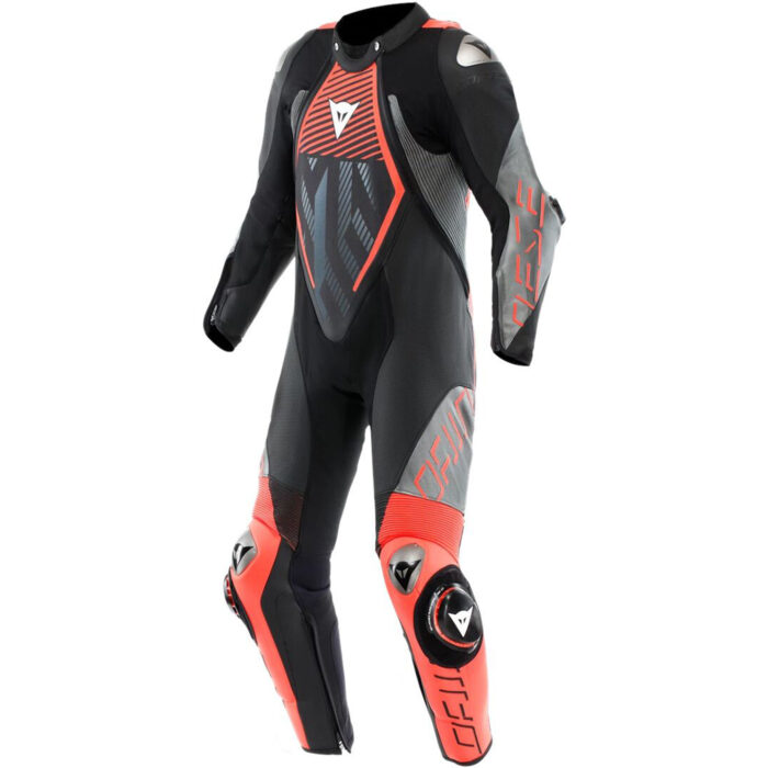 Dainese Audax D-Zip Perforated One-Piece Motorcycle Leather Suit - Matte Black & Fluorescent Red