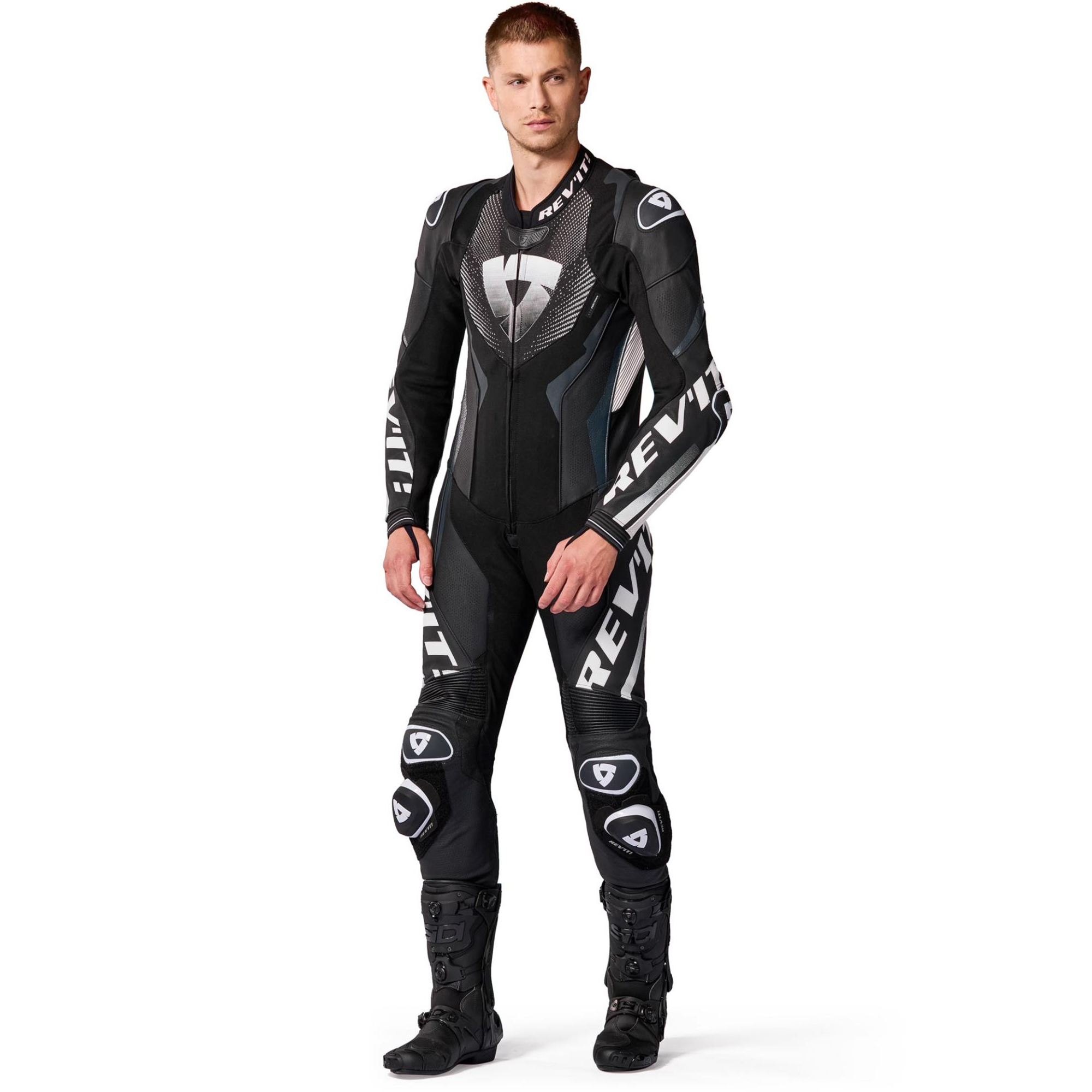 REV'IT! Hyperspeed 3 Perforated One-Piece Motorcycle Leather Suit - Monochromatic Black & White Edition - Image 3