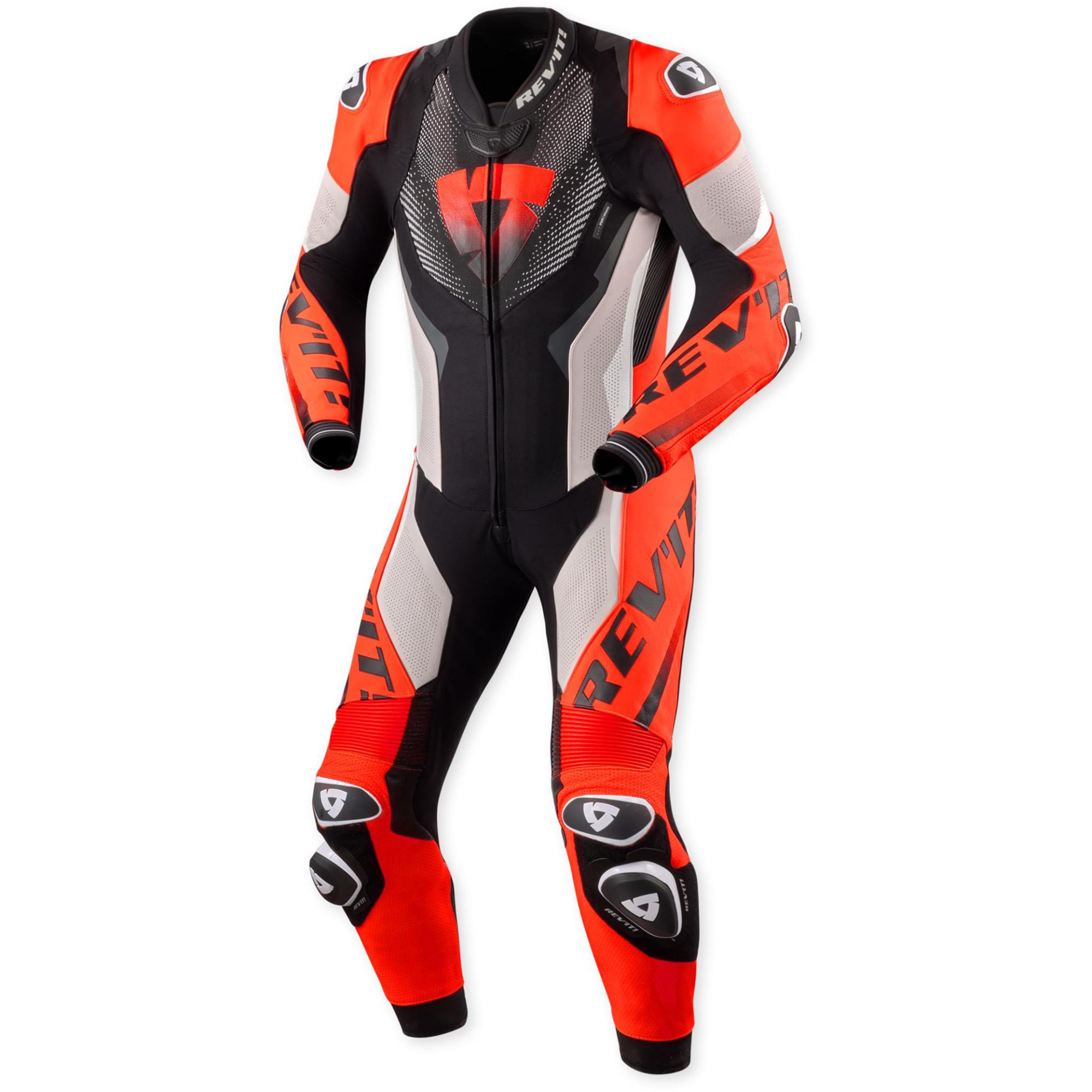 REV'IT! Control One-Piece Perforated Motorcycle Leather Suit - Neon Red & Light Grey Edition