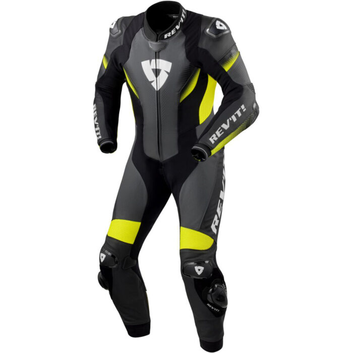 REV'IT! Control One-Piece Perforated Motorcycle Leather Suit - Stealth Black, Dark Grey & Neon Yellow