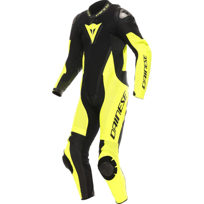 Dainese Demon Sprint Perforated One-Piece Motorcycle Leather Suit - Stealth Black & Fluo Yellow