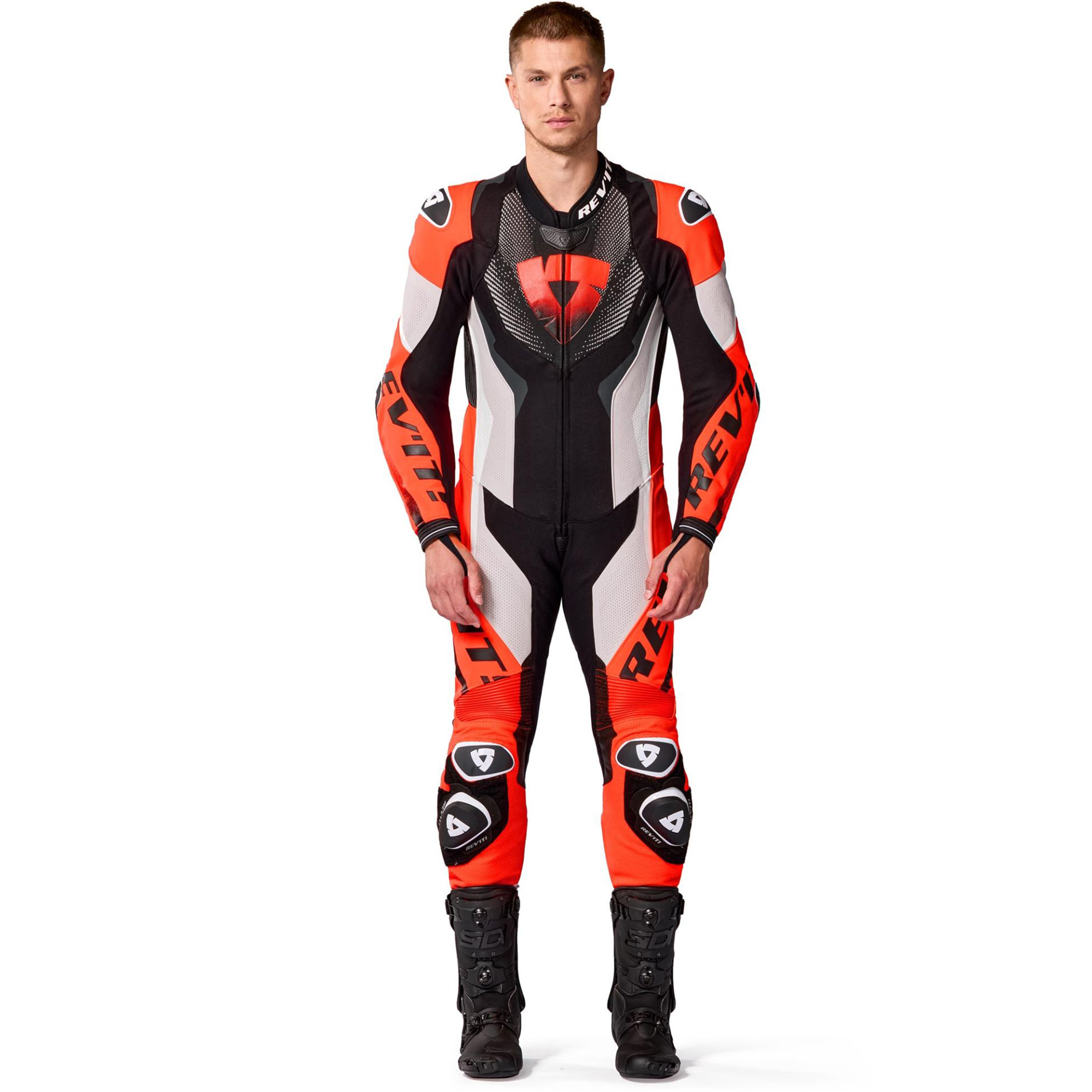 REV'IT! Control One-Piece Perforated Motorcycle Leather Suit - Neon Red & Light Grey Edition - Image 3