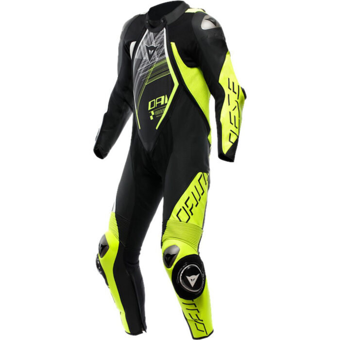 Dainese Audax D-Zip Perforated One-Piece Motorcycle Leather Suit - Stealth Black & High-Visibility Fluorescent Yellow