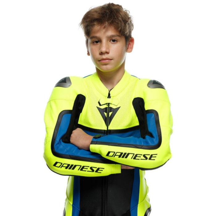 Dainese Audax D-Zip Perforated One-Piece Motorcycle Leather Suit - Stealth Black & High-Visibility Fluorescent Yellow