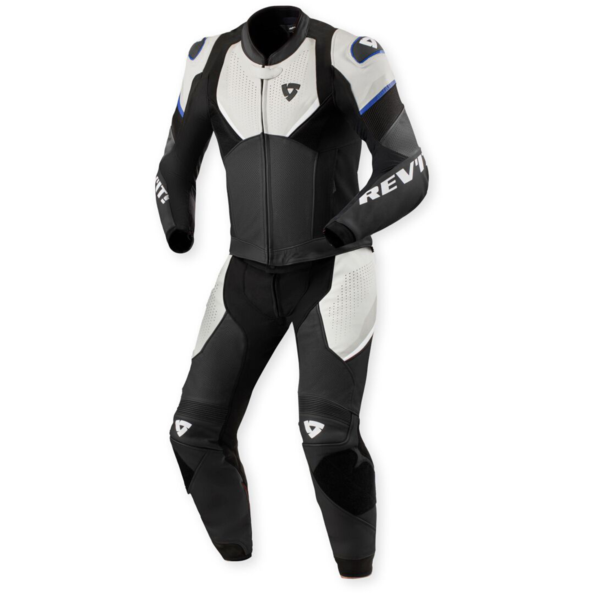 REV'IT! Beta 2 Perforated Two-Piece Motorcycle Leather Suit - Stealth White & Sport Blue Edition