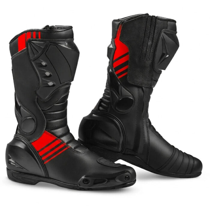 Men's Leather Motorcycle Racing Boots - Black & Red Protective Sport Bike Riding Shoes