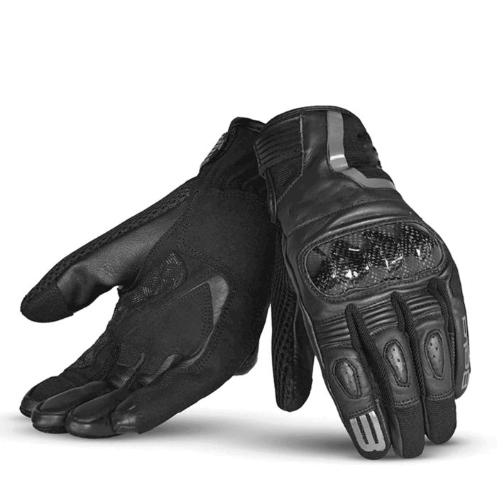 Carbon Fiber Leather & Mesh Sport Motorcycle Gloves – Stealth All-Black & Reflective Silver