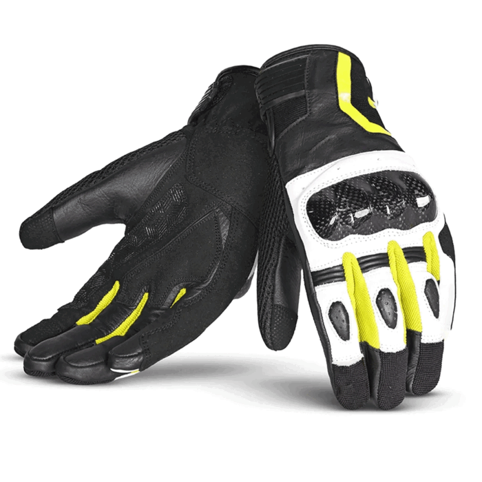 Carbon Fiber Leather & Mesh Sport Motorcycle Gloves – Stealth Black, White & High-Vis Yellow
