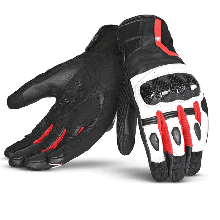 Carbon Fiber Leather & Mesh Sport Motorcycle Gloves – Stealth Black, White & Racing Red