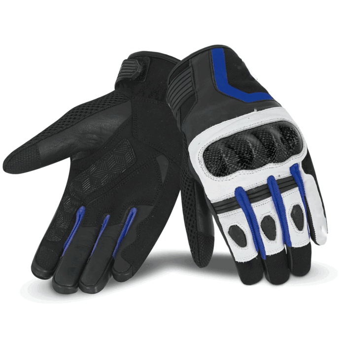 Carbon Fiber Leather & Mesh Sport Motorcycle Gloves – Stealth Black, White & Sport Blue