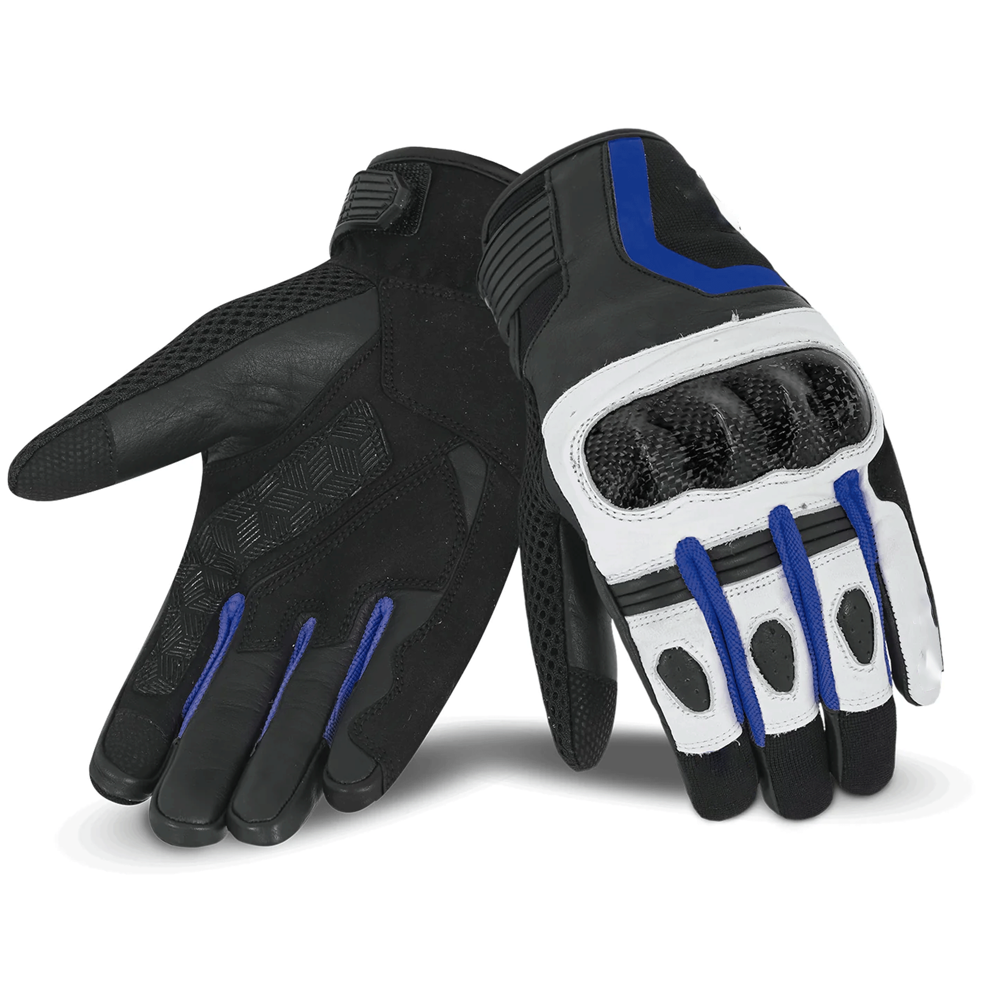 Carbon Fiber Leather & Mesh Sport Motorcycle Gloves – Stealth Black, White & Sport Blue