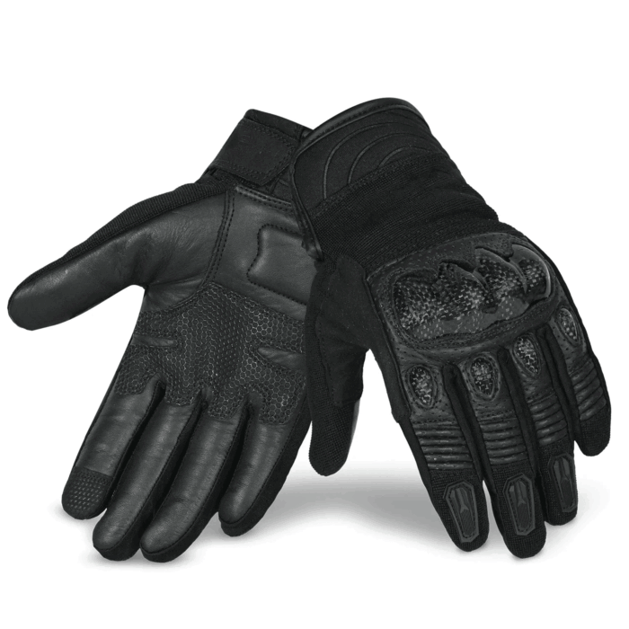 Tactical Carbon Knuckle Leather Motorcycle Gloves All Black | Biker Gloves