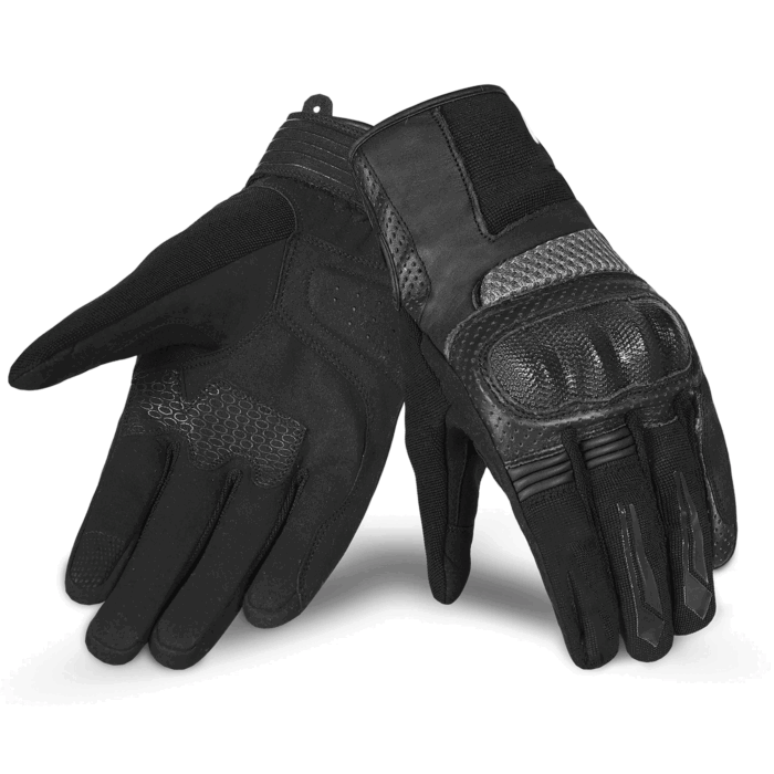 Tactical Perforated Leather & Mesh Motorcycle Gloves – Stealth Black & Charcoal