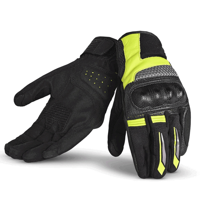 Tactical Perforated Leather & Mesh Motorcycle Gloves – Stealth Black & High-Vis Yellow