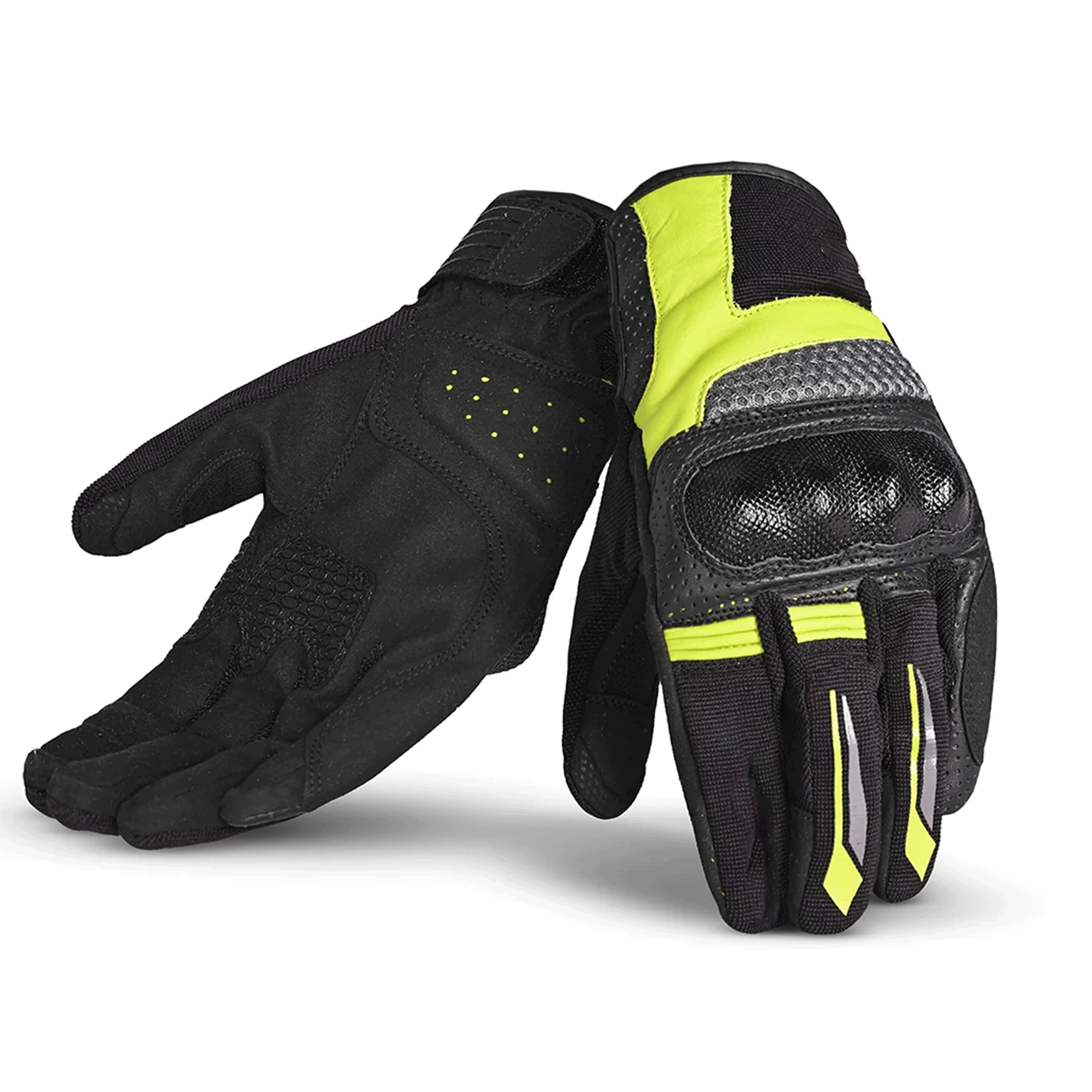 Tactical Perforated Leather & Mesh Motorcycle Gloves – Stealth Black & High-Vis Yellow