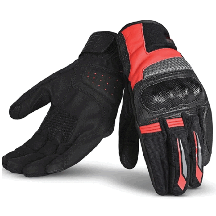 Tactical Perforated Leather & Mesh Motorcycle Gloves – Stealth Black & Racing Red