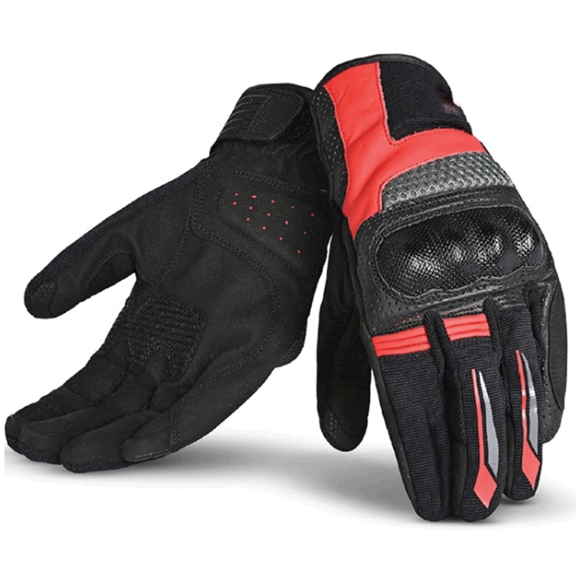 Tactical Perforated Leather & Mesh Motorcycle Gloves – Stealth Black & Racing Red