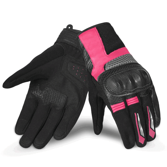 Tactical Perforated Leather & Mesh Motorcycle Gloves – Stealth Black & Vibrant Pink