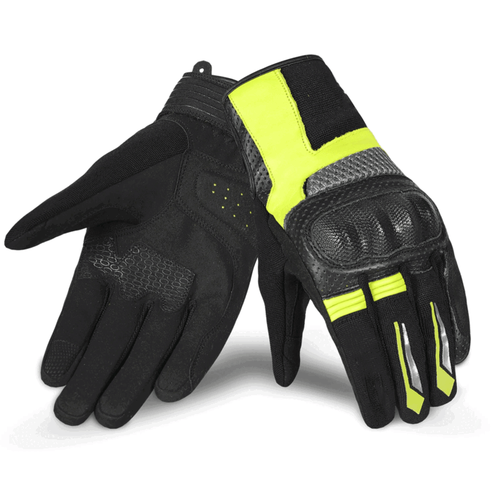 Perforated Leather Motorcycle Gloves Black Neon Green | Tactical Biker Gloves