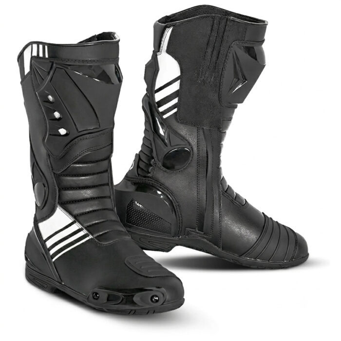 Men's Leather Motorcycle Racing Boots - Black & White Protective Sport Bike Riding Shoes