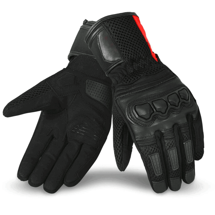 Tactical Heavy-Duty 3D Mesh & Leather Motorcycle Gloves – Stealth Black & Racing Red