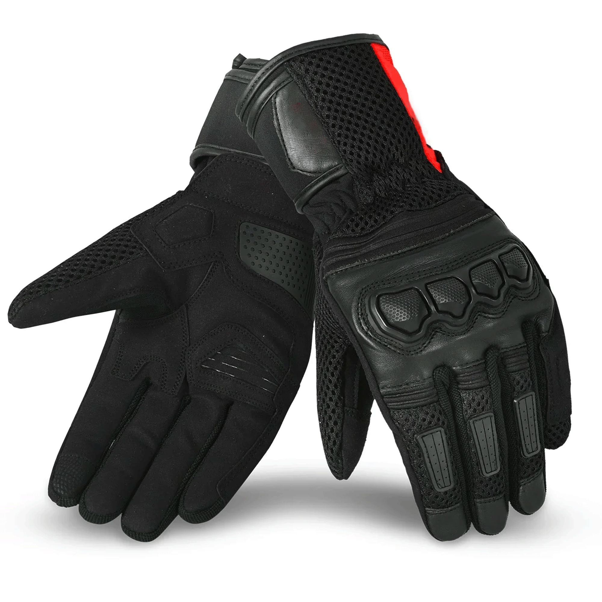 Tactical Heavy-Duty 3D Mesh & Leather Motorcycle Gloves – Stealth Black & Racing Red