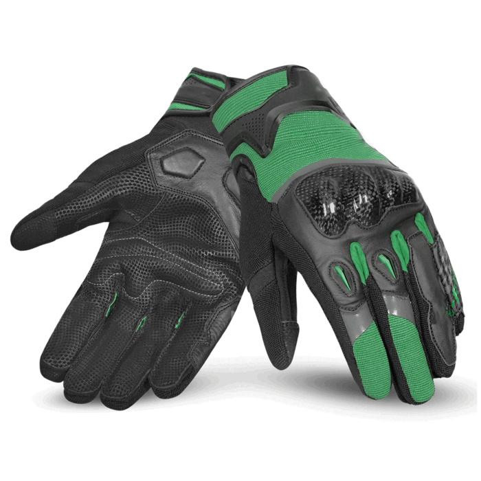 Carbon Fiber Leather & Mesh Sport Motorcycle Gloves – Stealth Black & Forest Green