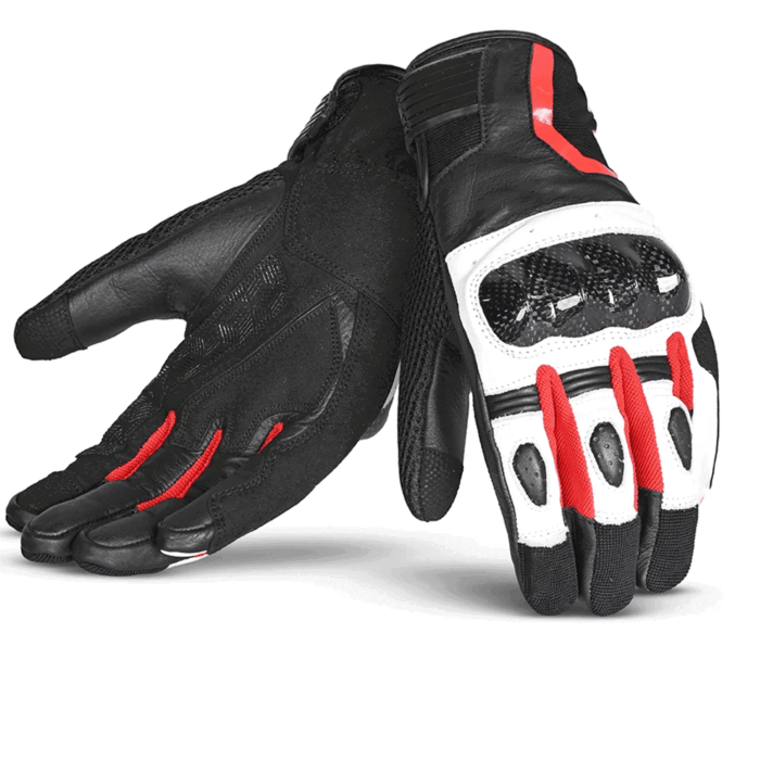 Carbon Fiber Leather & Mesh Sport Motorcycle Gloves – Stealth Black, White & Racing Red