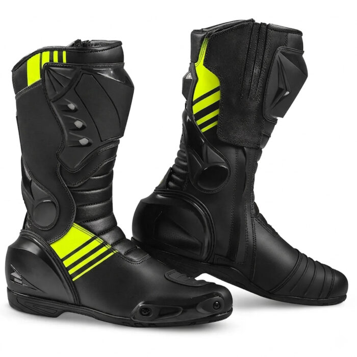 Men's Leather Motorcycle Racing Boots - Black & Neon Yellow Protective Sport Bike Riding Shoes