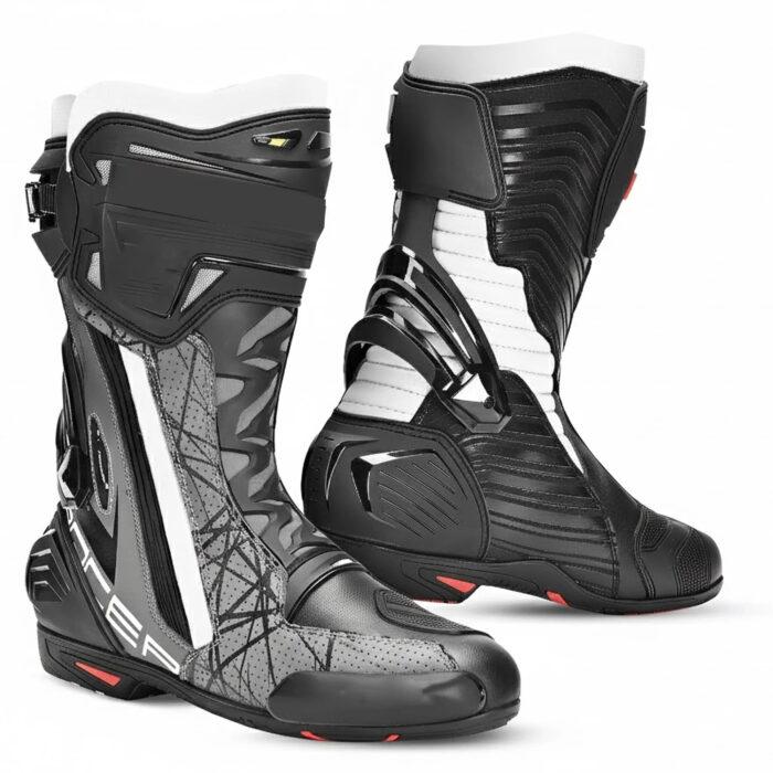 Men's Leather Motorcycle Racing Boots - Black, Grey & White Protective Sport Bike Riding Shoes