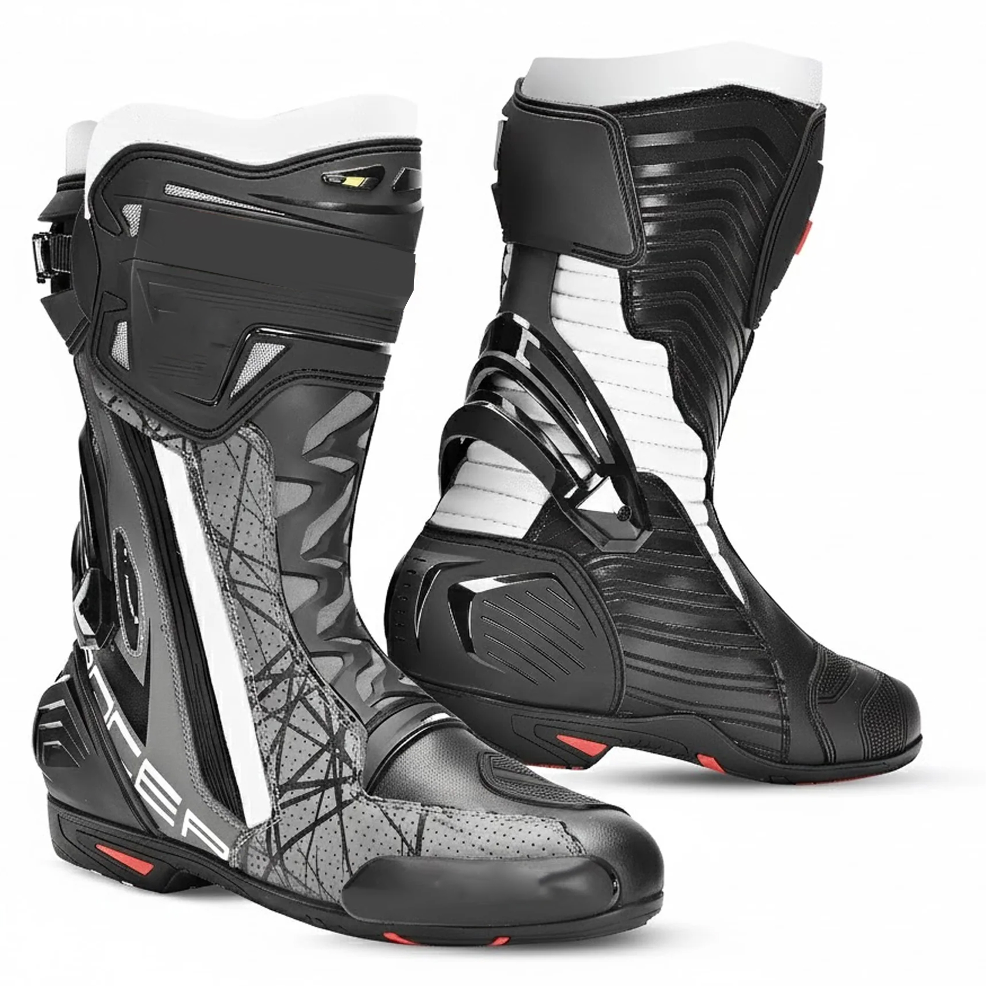 Men's Leather Motorcycle Racing Boots - Black, Grey & White Protective Sport Bike Riding Shoes