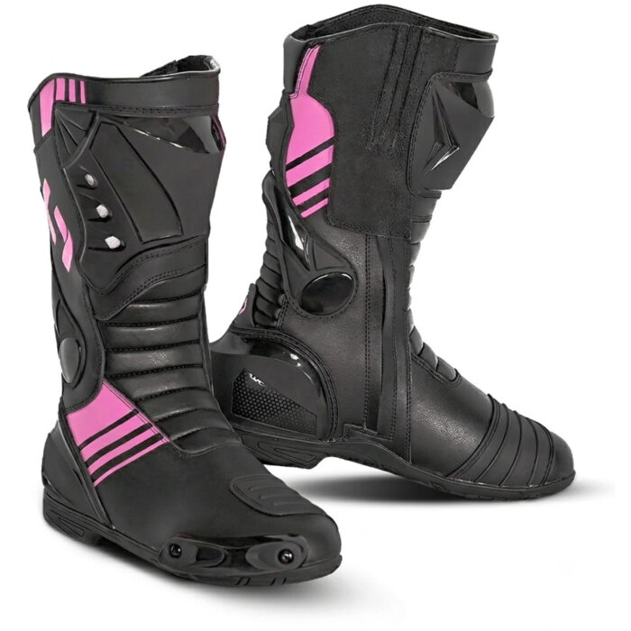 Women's Leather Motorcycle Racing Boots - Black & Pink Protective Sport Bike Riding Shoes