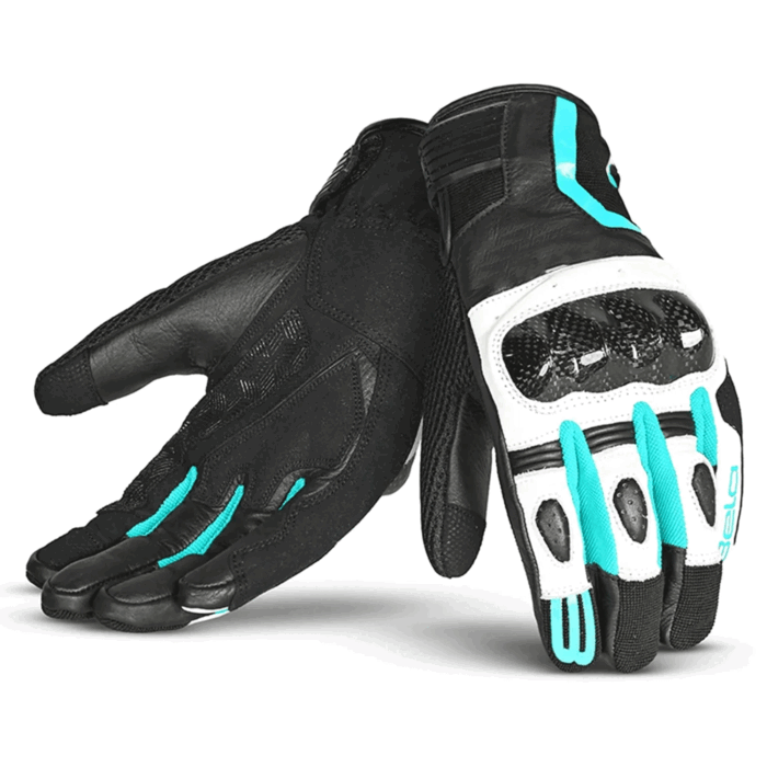Carbon Fiber Leather & Mesh Sport Motorcycle Gloves – Stealth Black, White & Cyan
