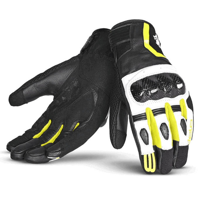 Carbon Fiber Leather & Mesh Sport Motorcycle Gloves – Stealth Black, White & High-Vis Yellow