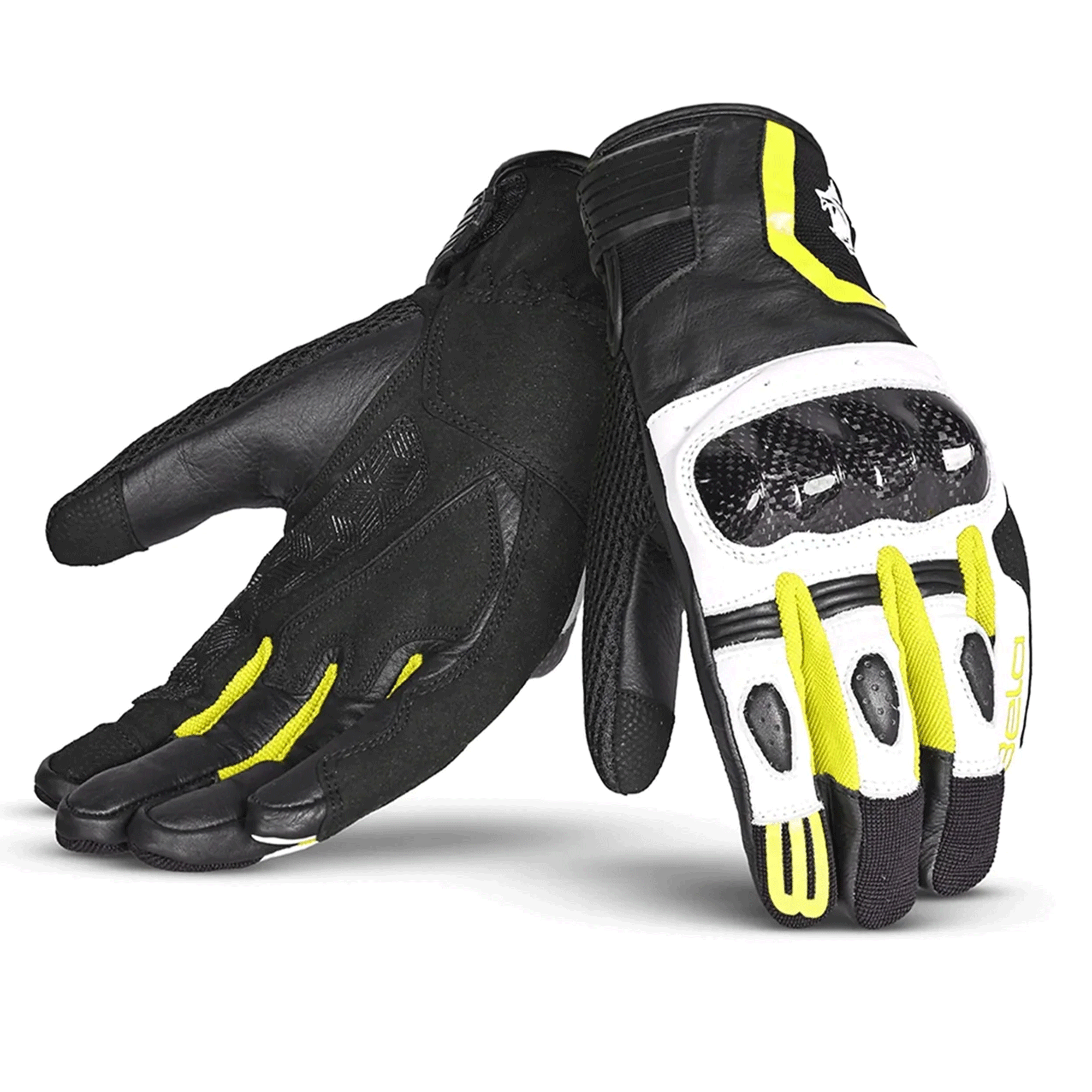 Carbon Fiber Leather & Mesh Sport Motorcycle Gloves – Stealth Black, White & High-Vis Yellow
