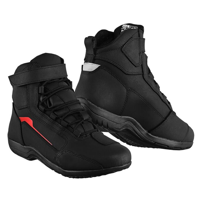 Sport Leather Motorcycle Riding Shoes – Stealth Black & Red Accent