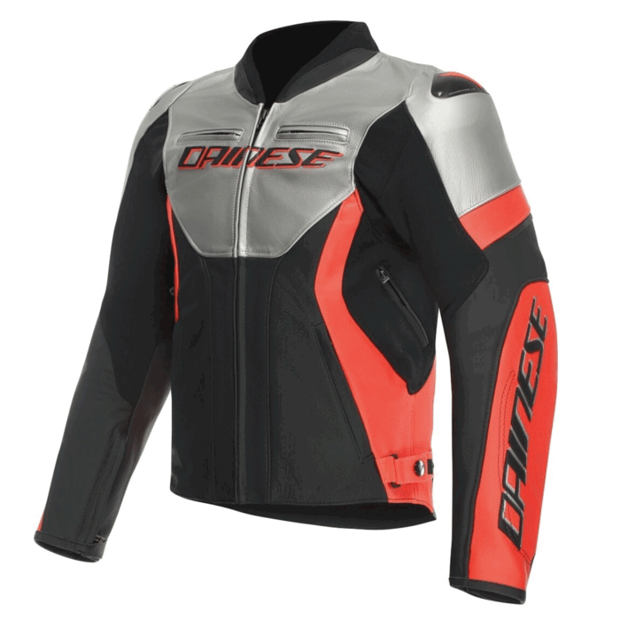 Dainese Racing 4 Leather Motorcycle Jacket Black, Matt Silver & Fluorescent Red Edition