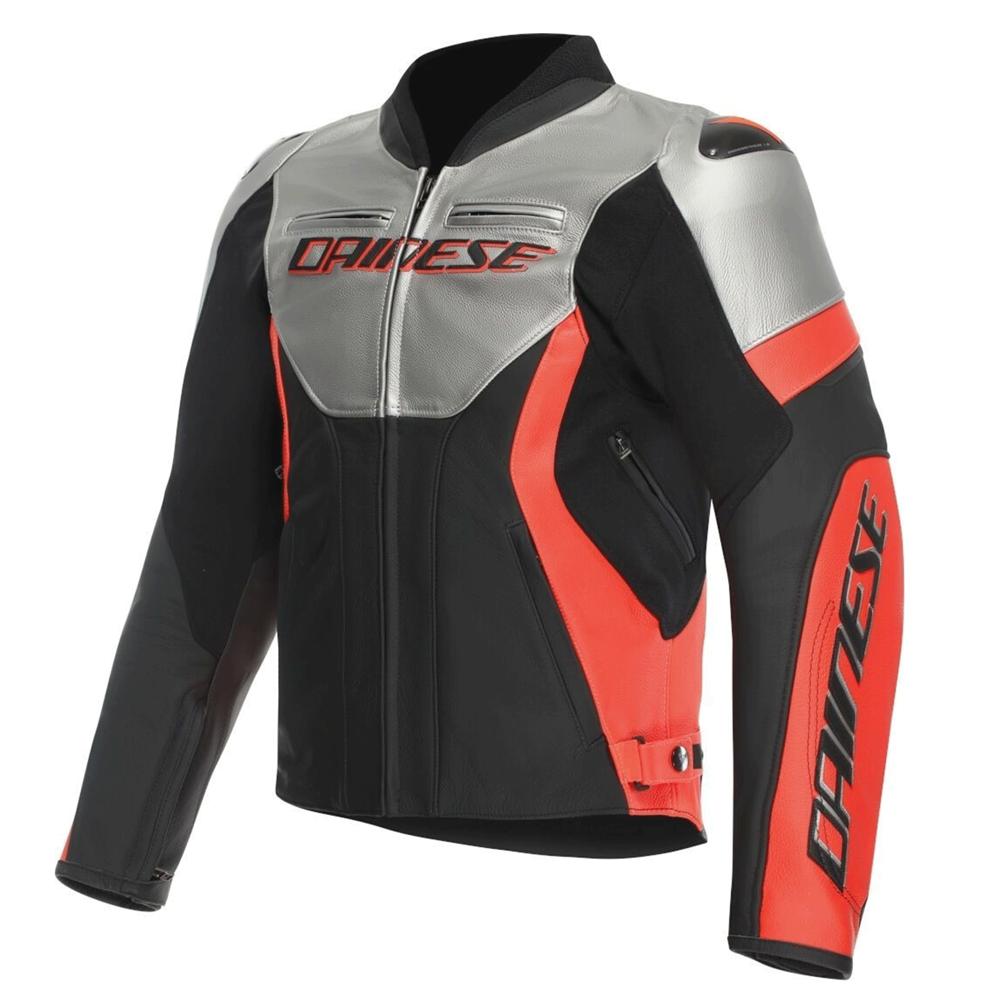 Dainese Racing 4 Leather Motorcycle Jacket Black, Matt Silver & Fluorescent Red Edition