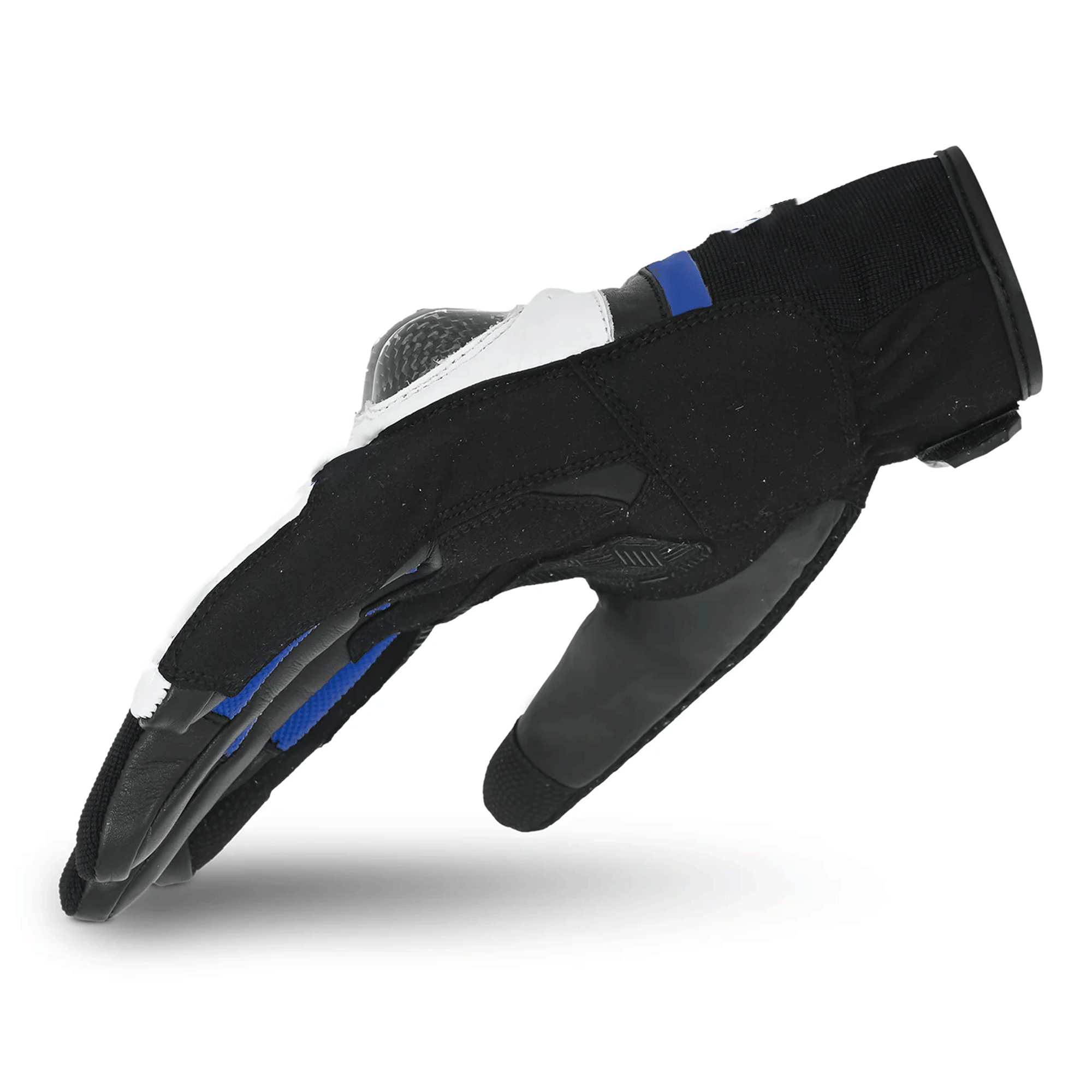 Carbon Fiber Leather & Mesh Sport Motorcycle Gloves – Stealth Black, White & Sport Blue - Image 2
