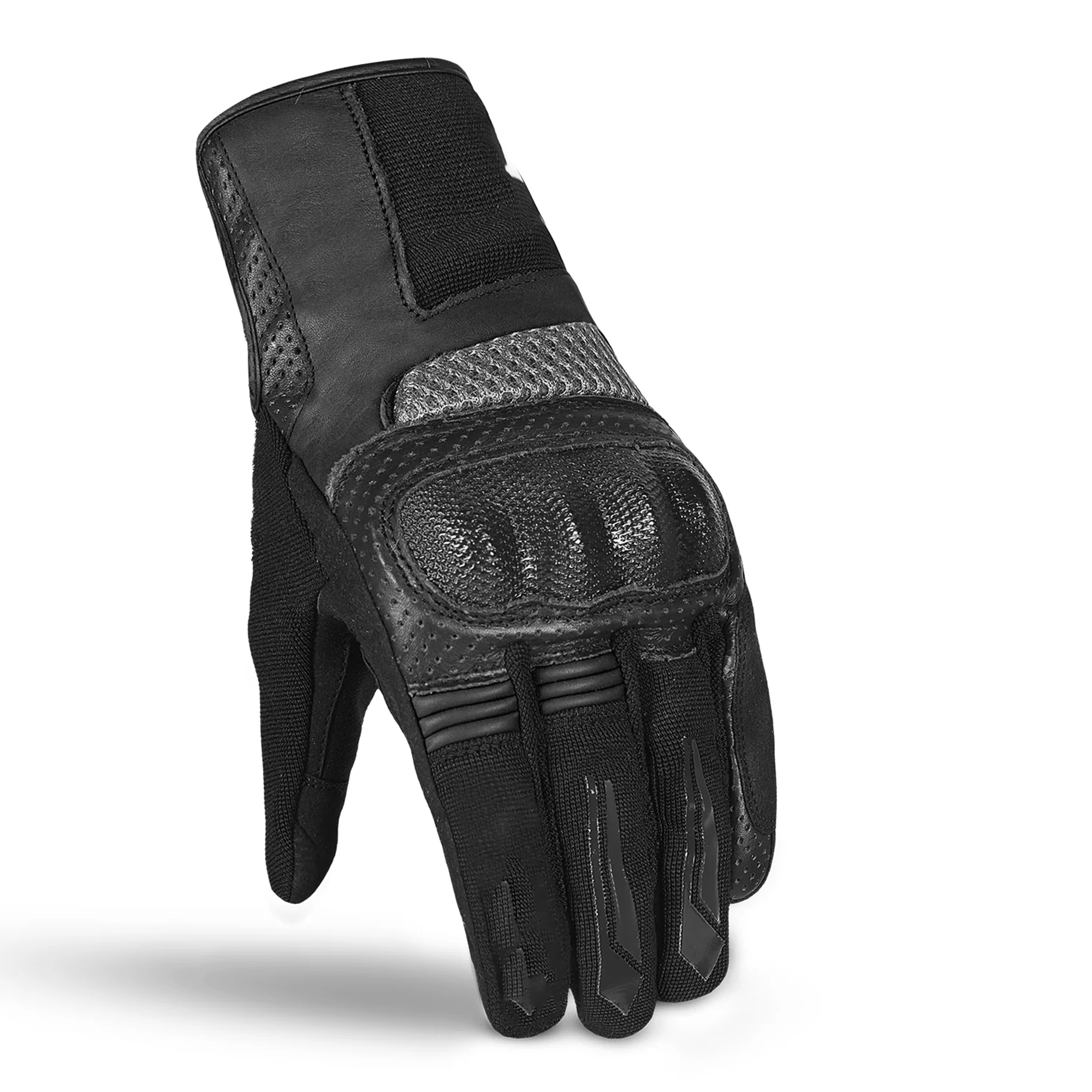 Tactical Perforated Leather & Mesh Motorcycle Gloves – Stealth Black & Charcoal - Image 2