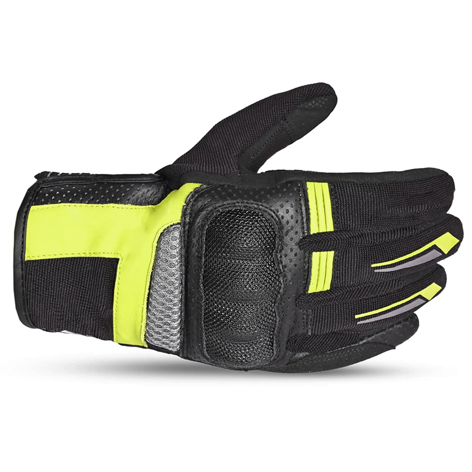 Tactical Perforated Leather & Mesh Motorcycle Gloves – Stealth Black & High-Vis Yellow - Image 3