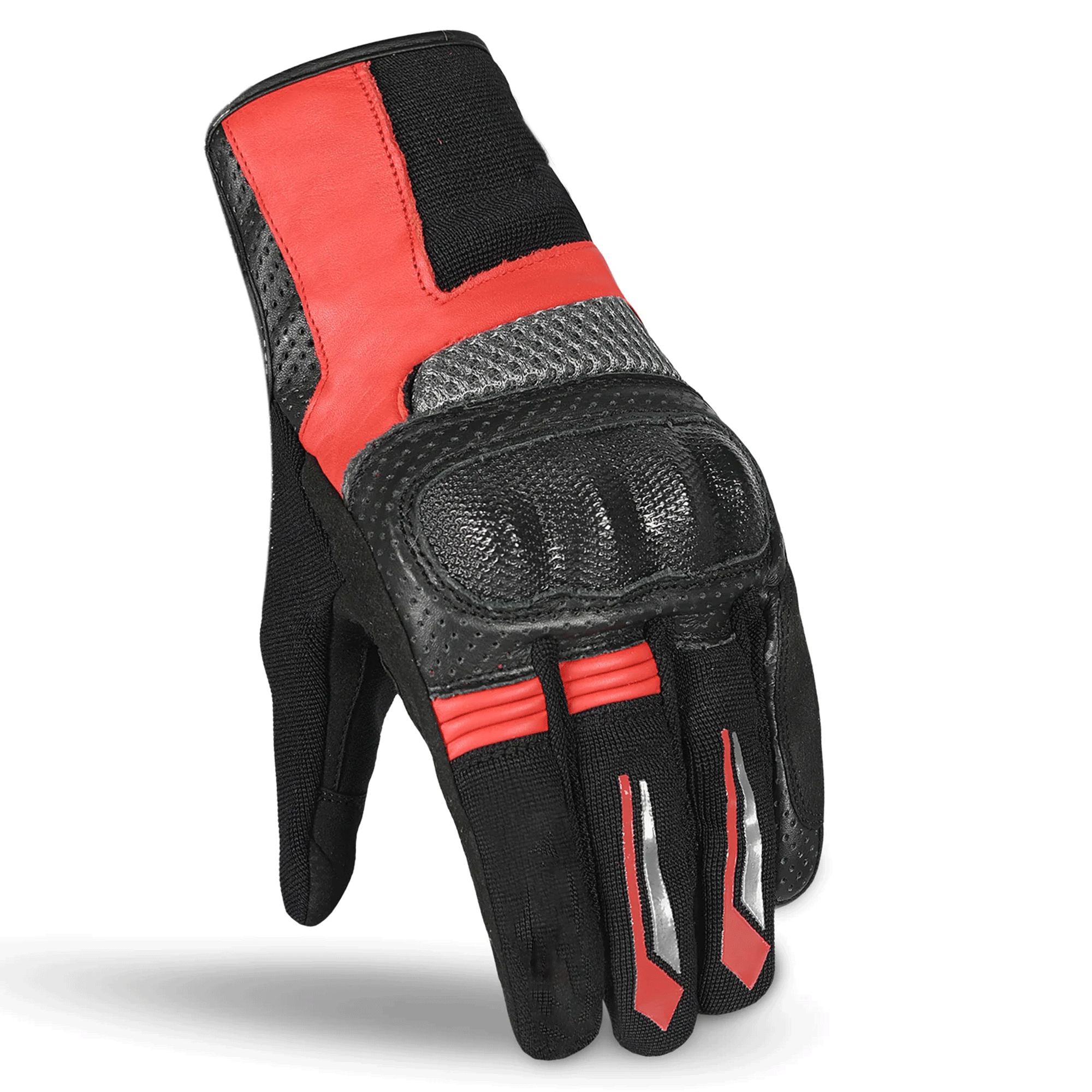 Tactical Perforated Leather & Mesh Motorcycle Gloves – Stealth Black & Racing Red - Image 2