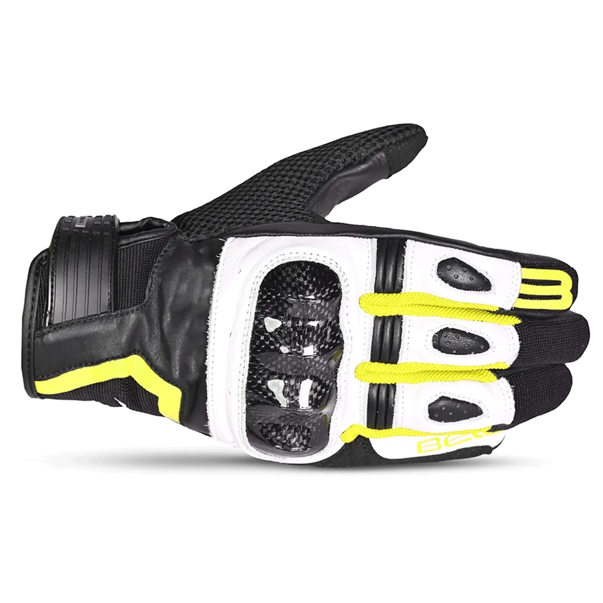 Carbon Fiber Leather & Mesh Sport Motorcycle Gloves – Stealth Black, White & High-Vis Yellow - Image 2