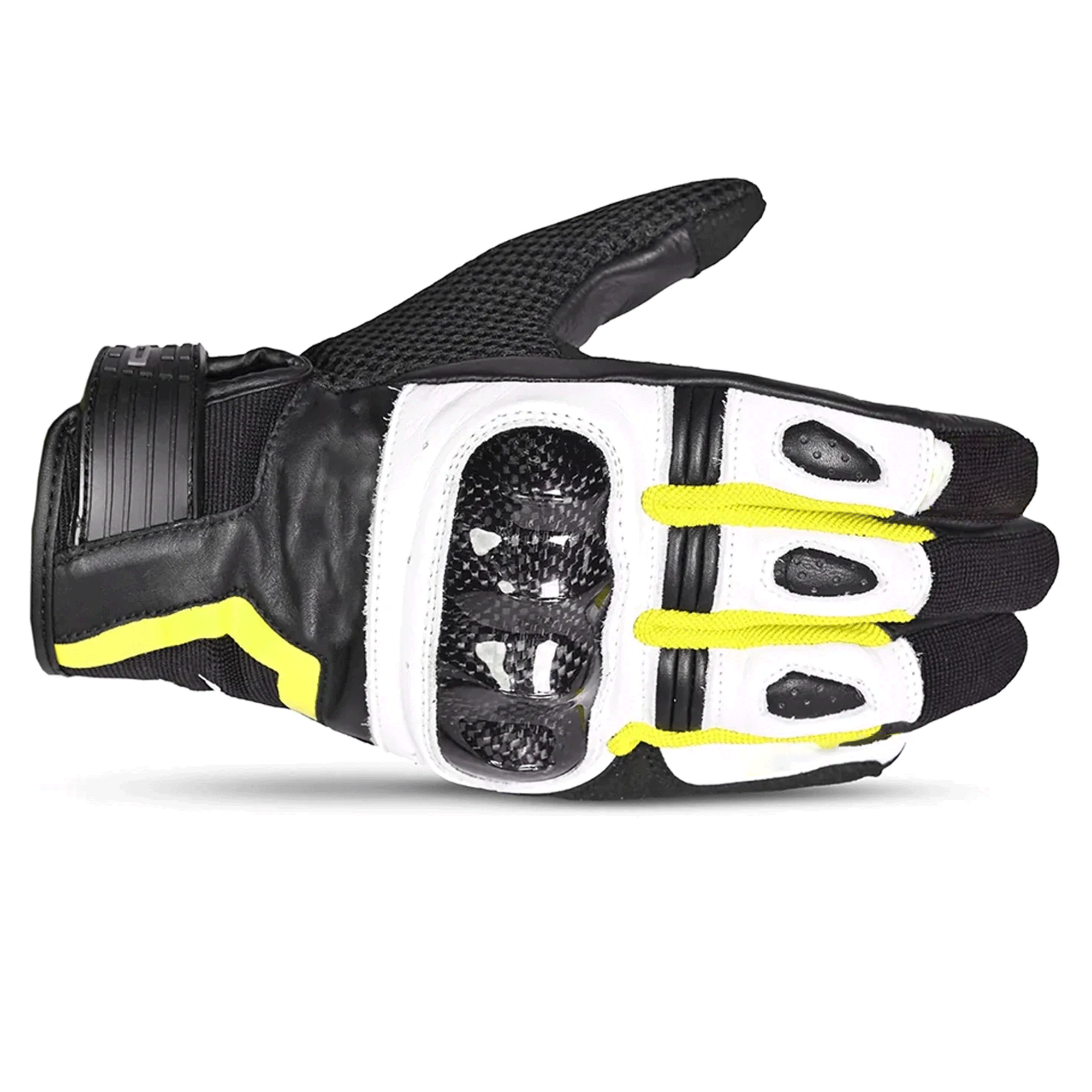 Carbon Fiber Leather & Mesh Sport Motorcycle Gloves – Stealth Black, White & High-Vis Yellow - Image 2