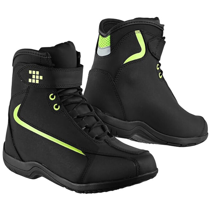 Sport Leather Motorcycle Riding Shoes – Stealth Black & High-Vis Neon Edition